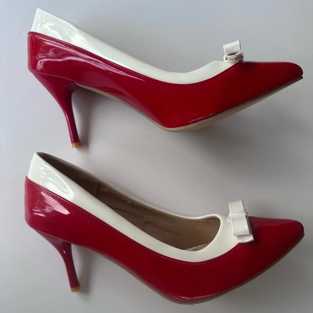 Women Classic Pumps Bowtie Patent Leather Closed Pointed Toe High Heel Shoes 10 - Picture 5 of 7